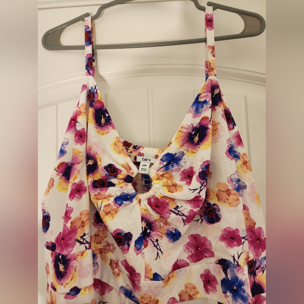 Bar III Cream/Brights Floral Print Jumpsuit Smocked Back Keyhole Front Size 20W